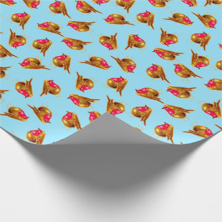 Rode robins met kerstavaar blauw cadeaupapier