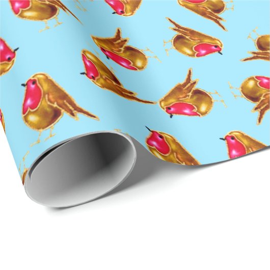 Rode robins met kerstavaar blauw cadeaupapier (Rol Hoek)