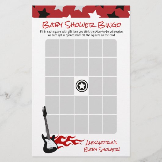 Rode Rock Ster Rock a bye Baby Shower Bingo Spel (Voorkant)