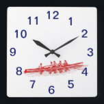 Rode roeiroeiers, team watersport vierkante klok<br><div class="desc">Watersport - Rowing - Rowers / Bemanningsteam uitnodigingen en accessoires met een tekening van een bemanningsteam / -brouwerij. U kunt deze producten gemakkelijk aanpassen door tekstgebieden toe te voegen, bestaande tekstgebieden te verwijderen, afbeeldingen van het ontwerp te veranderen of extra afbeeldingen van uw keus toe te voegen. U kunt tekstdoopvonten...</div>