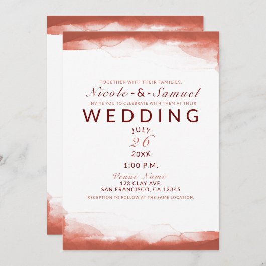 Rode Roest Klei Bruin Waterverf Chic Modern Weddin Kaart (Voorkant / Achterkant)