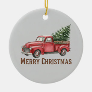 Rode Roestige Truck Kerstmis Boerderij Dennenhout Keramisch Ornament