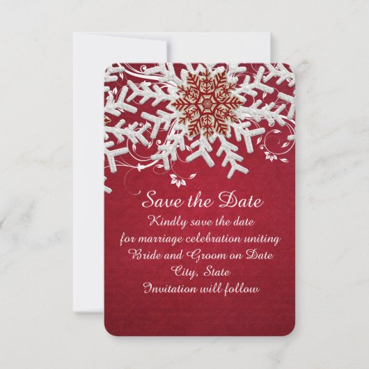 Rode romantische Kerstmis Sneeuwvlokken Save the d Date (Voorkant)
