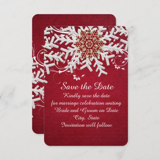 Rode romantische Kerstmis Sneeuwvlokken Save the d Save The Date (Voorkant / Achterkant)