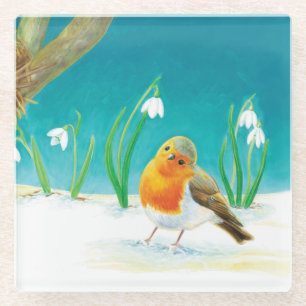 Rode Roodborst Vogel en Sneeuwklokjes Illustratie Glazen Onderzetter