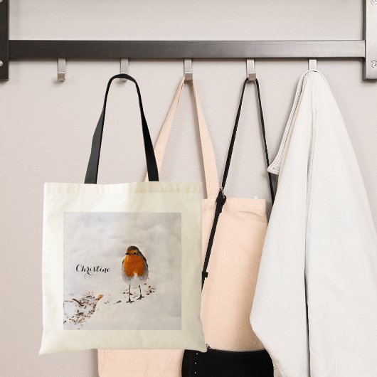 Rode roodborst vogel sneeuw naam script tote bag
