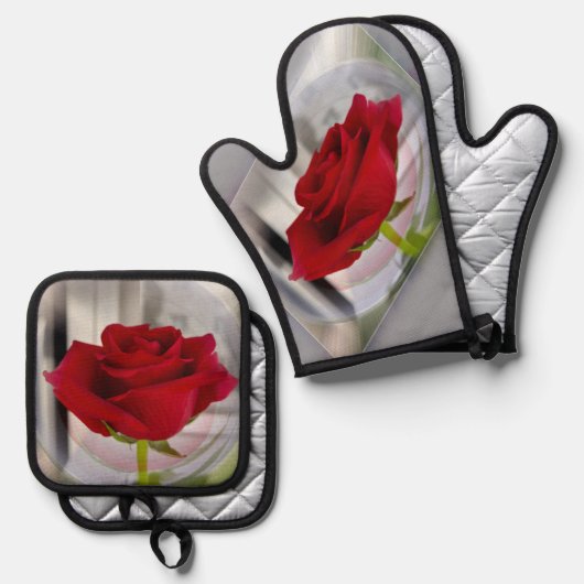 Rode roos 2 ovenwant & pannenlap set (Voorkant / Achterkant)