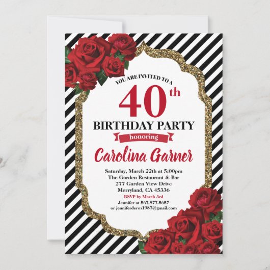 Rode roos 40e verjaardag uitnodiging voor vrouwen (Voorkant)