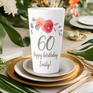 Rode Roos Aquarel Bloem 60ste Verjaardag Bloemstuk Latte Mok