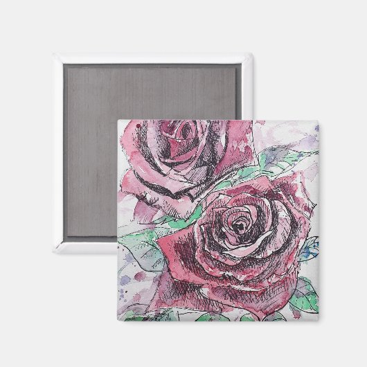 Rode Roos Aquarel Bloemen Schilderij Magneet (Voorkant / Achterkant)