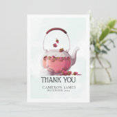 Rode roos aquarel theepot bloemige theepartij bedankkaart (Staand voorkant)