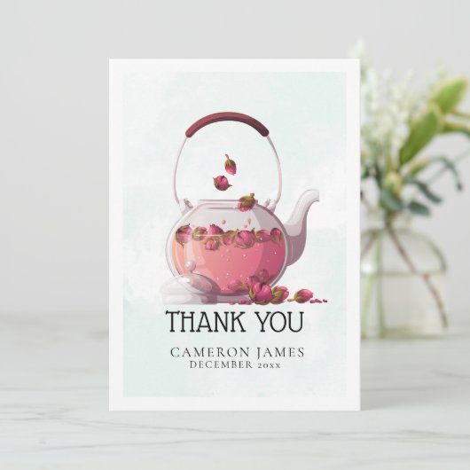 Rode roos aquarel theepot bloemige theepartij bedankkaart (Staand voorkant)
