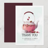 Rode roos aquarel theepot bloemige theepartij bedankkaart (Voorkant / Achterkant)