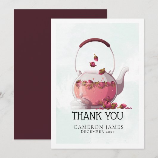 Rode roos aquarel theepot bloemige theepartij bedankkaart (Voorkant / Achterkant)