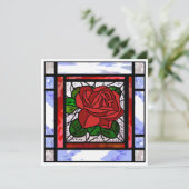 Rode Roos Art Deco Blauwe Glas-in-Lood Kaart (Staand voorkant)