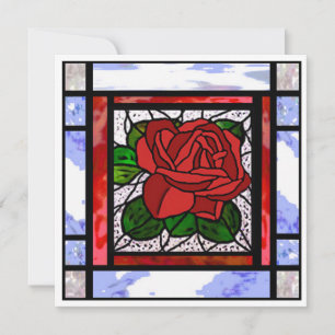 Rode Roos Art Deco Blauwe Glas-in-lood Kaart