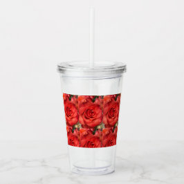 Rode Roos Bloem Acryl Tumbler met Rietje Drinkbeker