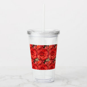 Rode Roos Bloem Acryl Tumbler met Rietje Drinkbeker