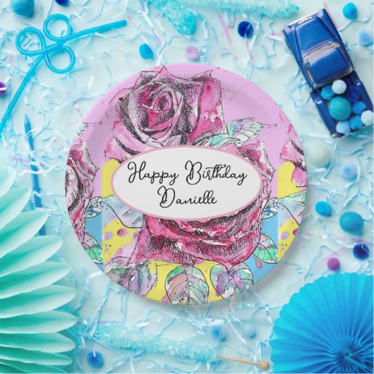 Rode Roos Bloem Aquarelpapier Feestbord Papieren Bordje (Feest)