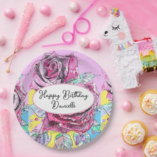 Rode Roos Bloem Aquarelpapier Feestbord Papieren Bordje (Feest)