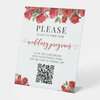Rode Roos Bloem QR Code Huwelijksprogramma Reclamebord Met Voetstuk
