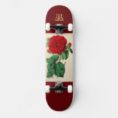 Rode Roos Bloem Vintage Illustratie Monogram Persoonlijk Skateboard (Voorkant)