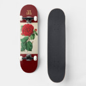 Rode Roos Bloem Vintage Illustratie Monogram Persoonlijk Skateboard (Voorkant)