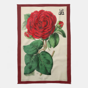 Rode Roos Bloem Vintage Kunst Monogram Theedoek