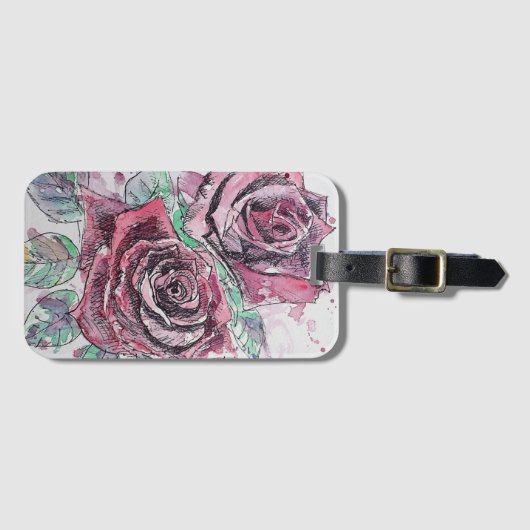 Rode Roos Bloem Waterverf Bagage Label (Voorkant (horizontaal))