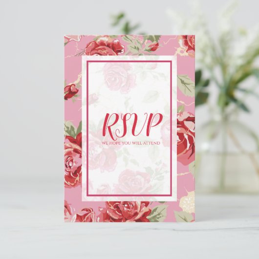 Rode roos bloemendruk bewaar de datum RSVP kaartje (Staand voorkant)