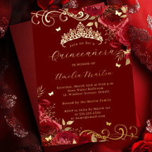 Rode Roos Bloemige Gouden Swirl Quinceanera