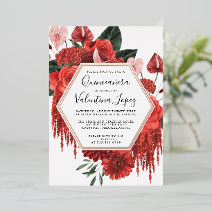 Rode Roos Bloemstuk Quinceanera Glam Goud Folie Uitnodiging