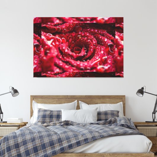 Rode Roos Boven met Waterdruppels Premium Wrapped Canvas Afdruk (Insitu (Slaapkamer))