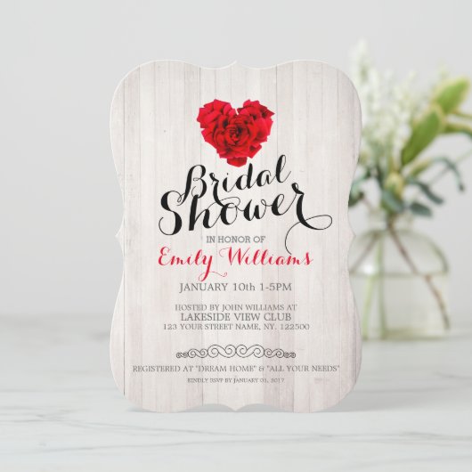 Rode roos bruids douche uitnodiging (Staand voorkant)
