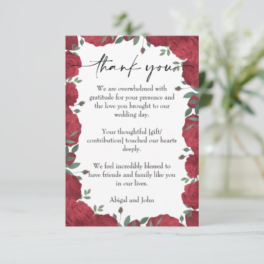 Rode roos bruiloft bedankkaart (Staand voorkant)