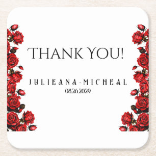 Rode roos bruiloft kartonnen onderzetters