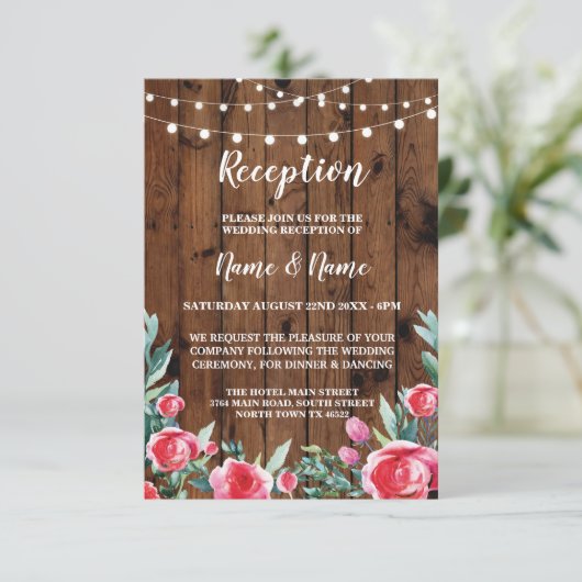 Rode Roos Bruilofts Receptie Kaarten Houten Roze B (Staand voorkant)