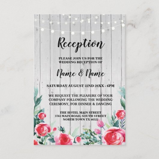 Rode Roos Bruiloftsreceptie Kaarten Grijze Hout Bl (Voorkant)