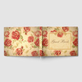 Rode roos, crème, antieke bloemmotief in bruin gastenboek (Volledig)