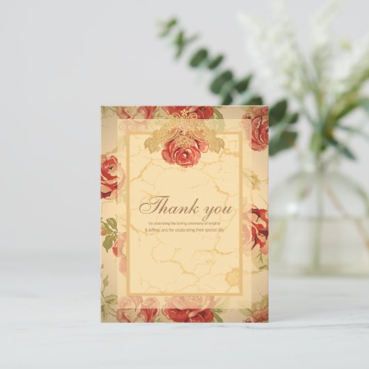 Rode roos, crème, geelbruin antiek floreel bedankkaart (Staand voorkant)