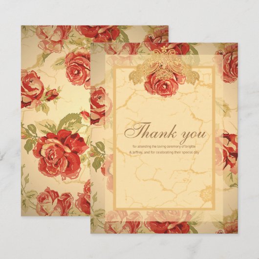 Rode roos, crème, geelbruin antiek floreel bedankkaart (Voorkant / Achterkant)