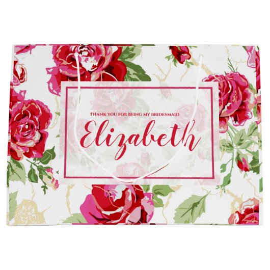 Rode roos en een witte klassieke afdruklaptas met groot cadeauzakje (Voorkant)