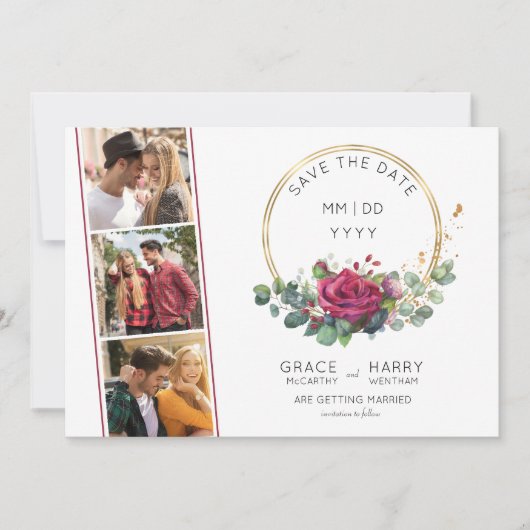 Rode Roos en Eucalyptus Goud Lijst 3 Foto Bruiloft Save The Date (Voorkant)
