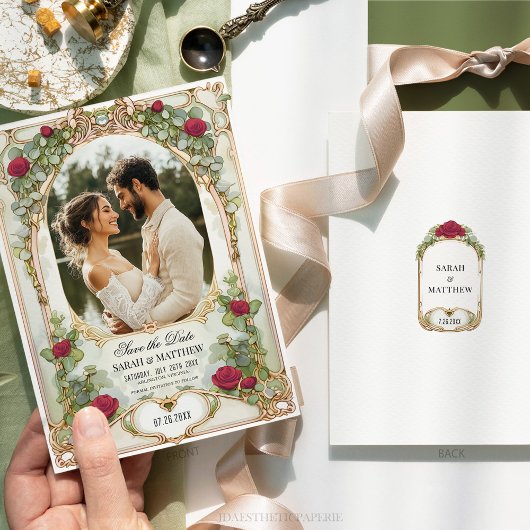 Rode roos en gouden bloem Bewaar de datum met foto Kaart