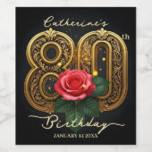 rode roos en gouden filigraan 80e verjaardag wijn etiket (Enkel label)