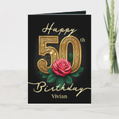Rode roos en gouden filigraan nummer 50e verjaarda kaart (Voorkant)