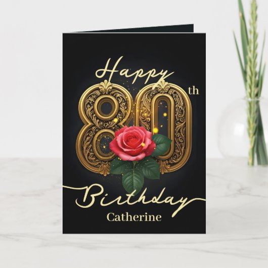 Rode roos en gouden filigraan nummer 80e verjaarda kaart (Voorkant)