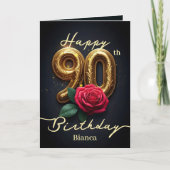 Rode roos en gouden filigraan nummer 90e verjaarda kaart (Voorkant)
