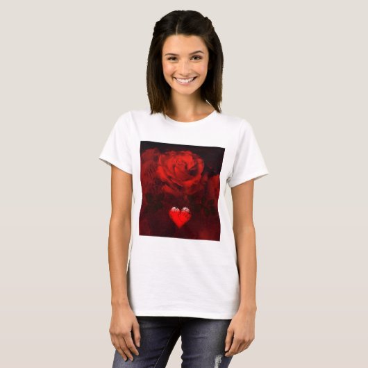 Rode roos en hart t-shirt (Voorkant volledig)