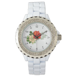 Rode Roos en Madeliefjes Klokface 1 Zwart Horloge
